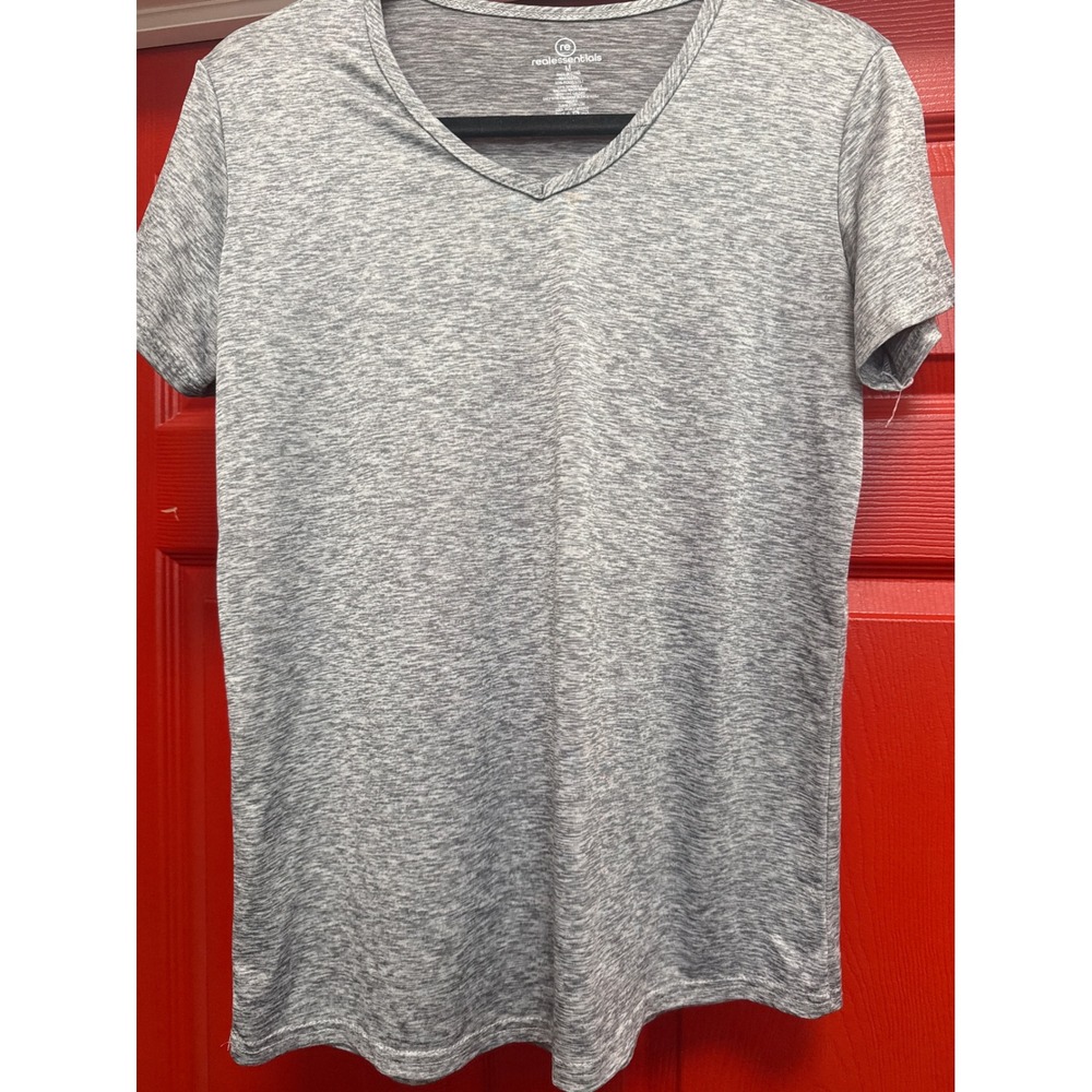 Real Essentials Womens V-Neck Activewear T-Shirt Grey Space Dye Heather Size M